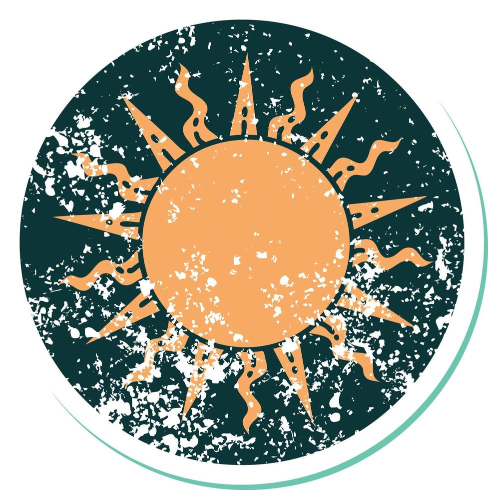 iconic distressed sticker tattoo style image of a sun vector