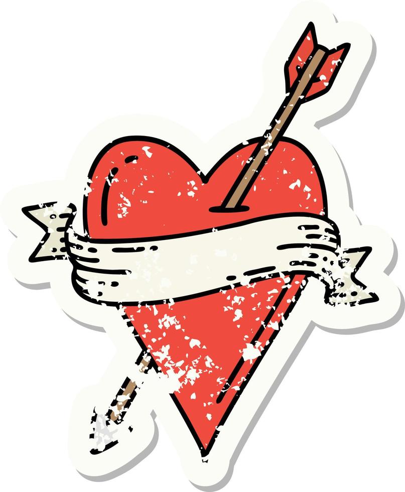 distressed sticker tattoo in traditional style of an arrow heart and banner vector