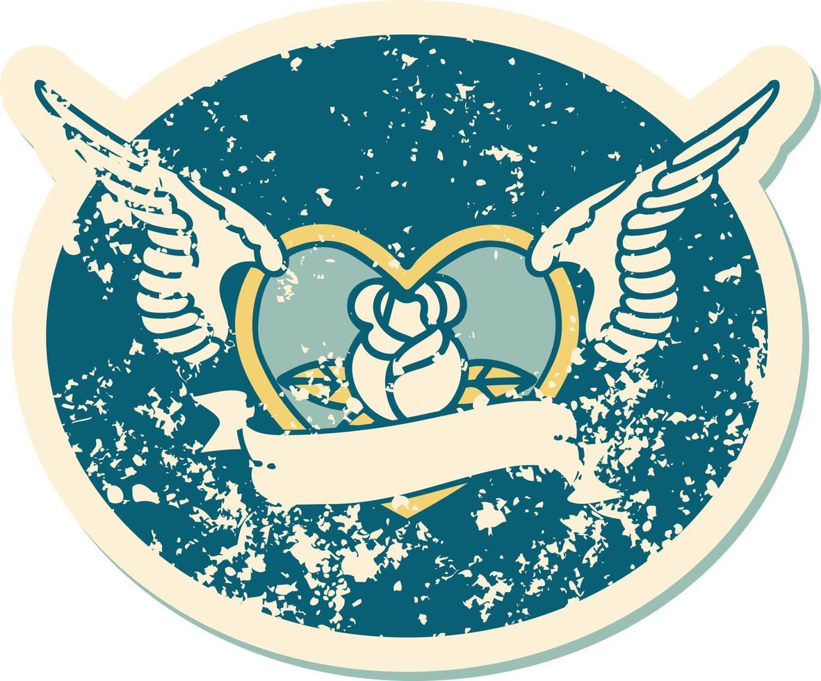 iconic distressed sticker tattoo style image of a flying heart with flowers and banner vector