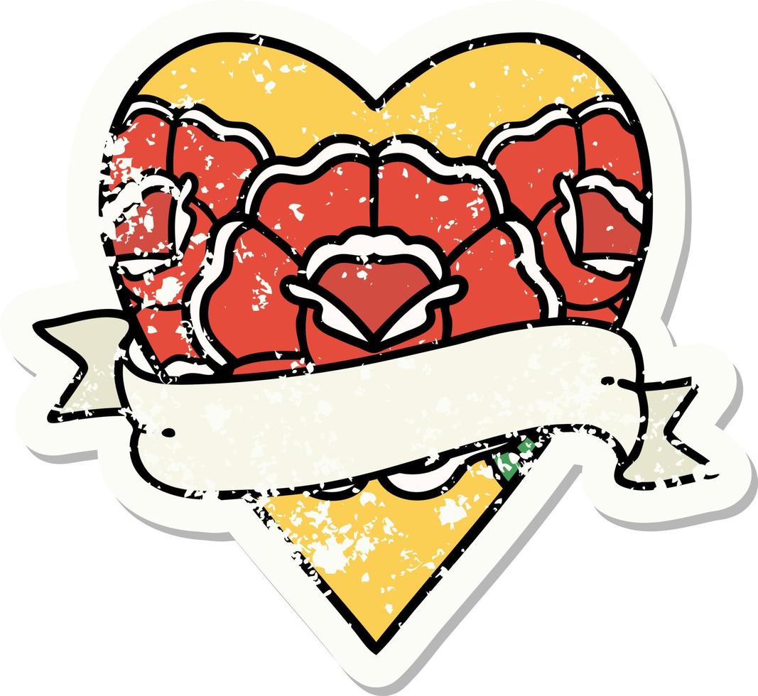 distressed sticker tattoo in traditional style of a heart and banner with flowers vector
