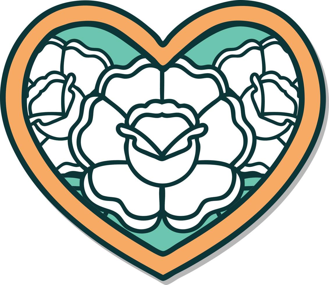 sticker of tattoo in traditional style of a heart and flowers vector