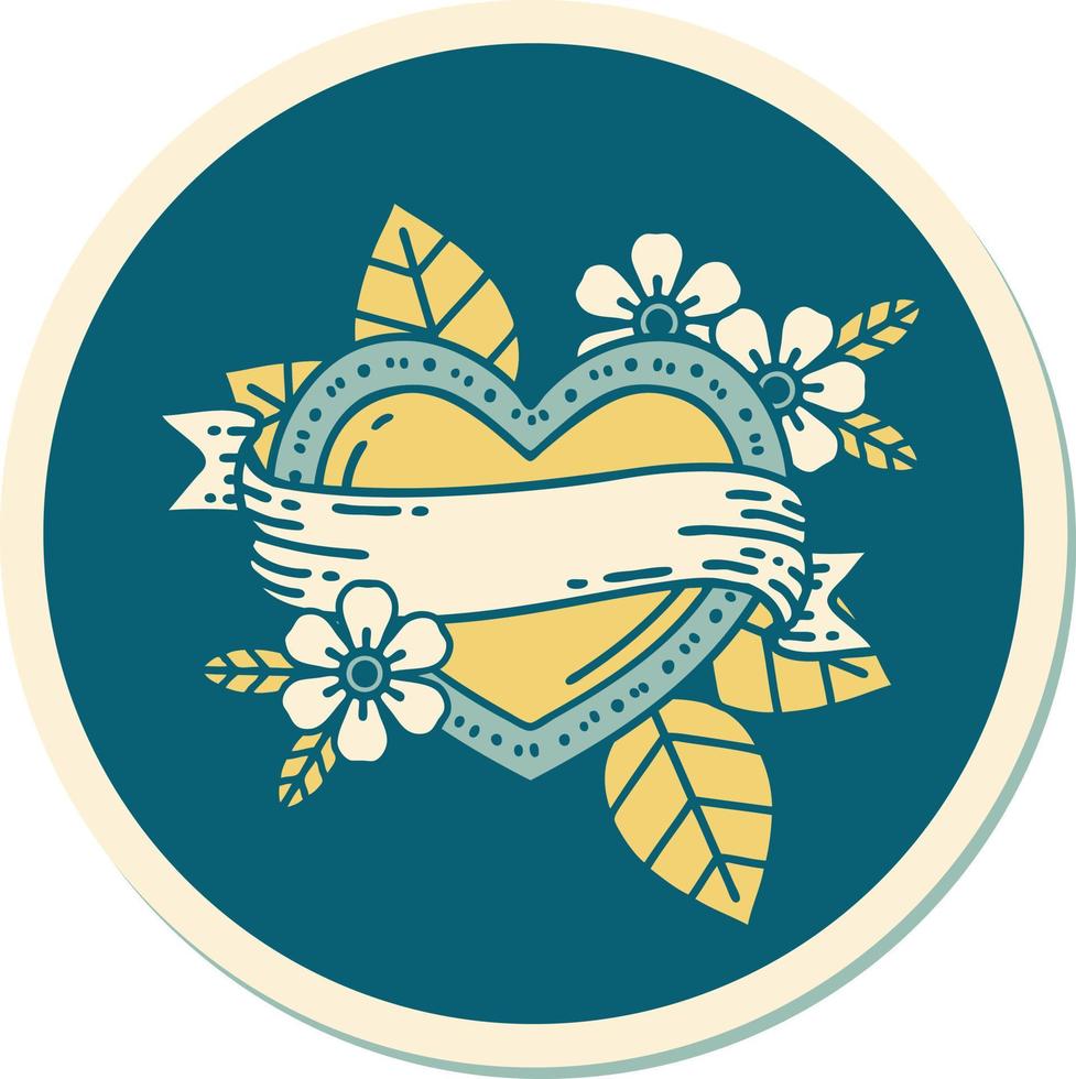 sticker of tattoo in traditional style of a heart and banner vector