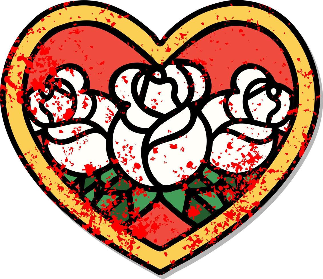 distressed sticker tattoo in traditional style of a heart and flowers vector