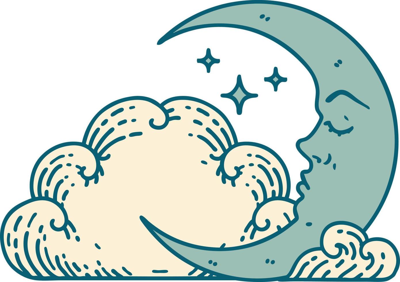 iconic tattoo style image of a crescent moon and clouds vector