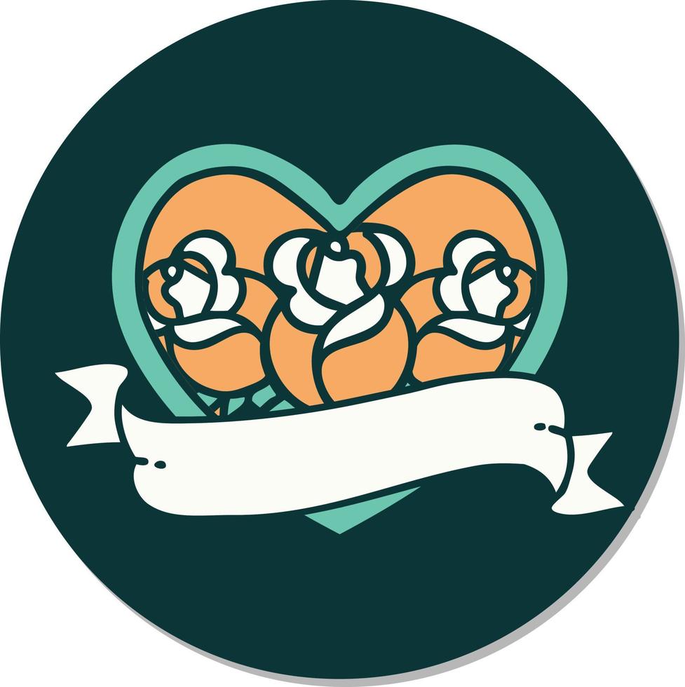 sticker of tattoo in traditional style of a heart and banner with flowers vector