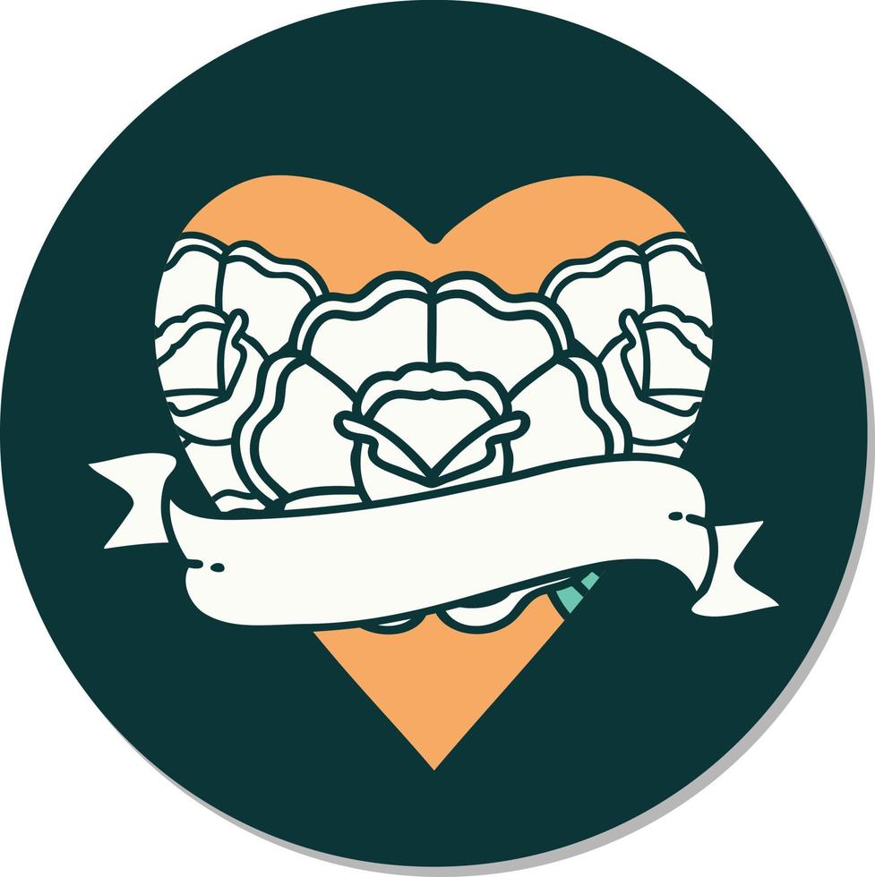 sticker of tattoo in traditional style of a heart and banner with flowers vector