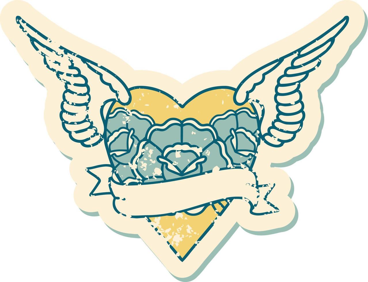 iconic distressed sticker tattoo style image of heart with wings flowers and banner vector
