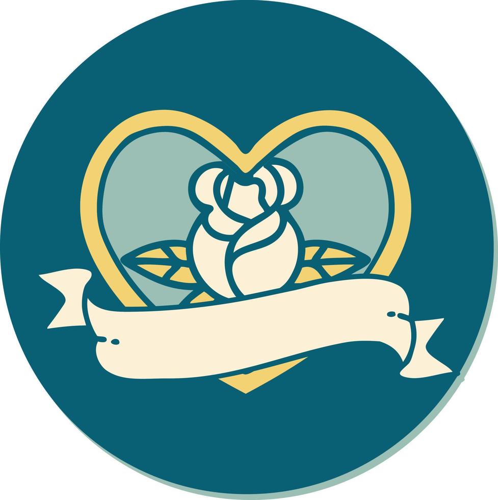 sticker of tattoo in traditional style of a heart rose and banner vector