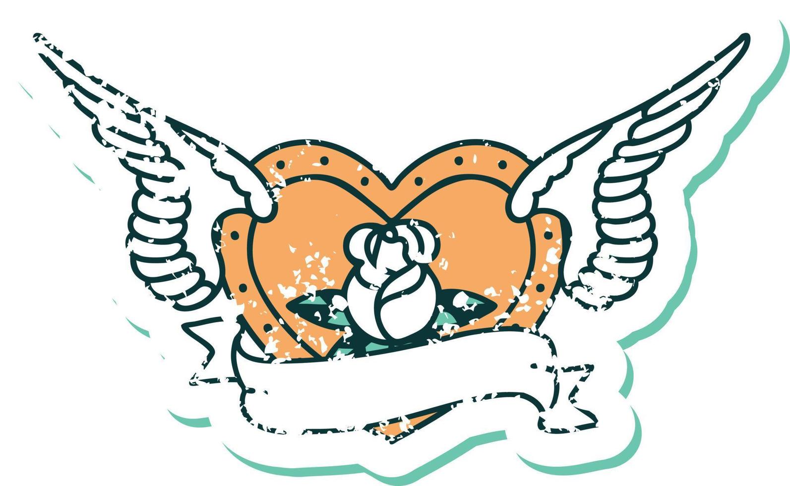 iconic distressed sticker tattoo style image of a flying heart with flowers and banner vector