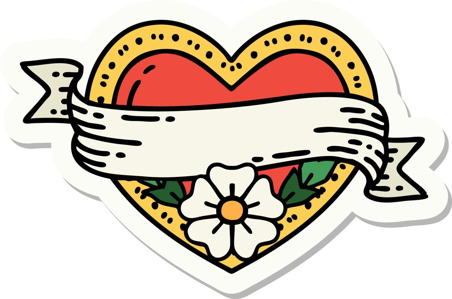 sticker of tattoo in traditional style of a heart and banner with flowers vector