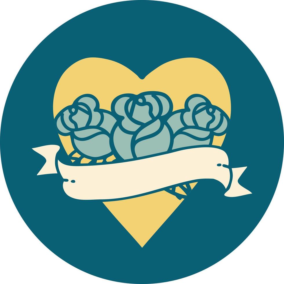 iconic tattoo style image of a heart and banner with flowers vector