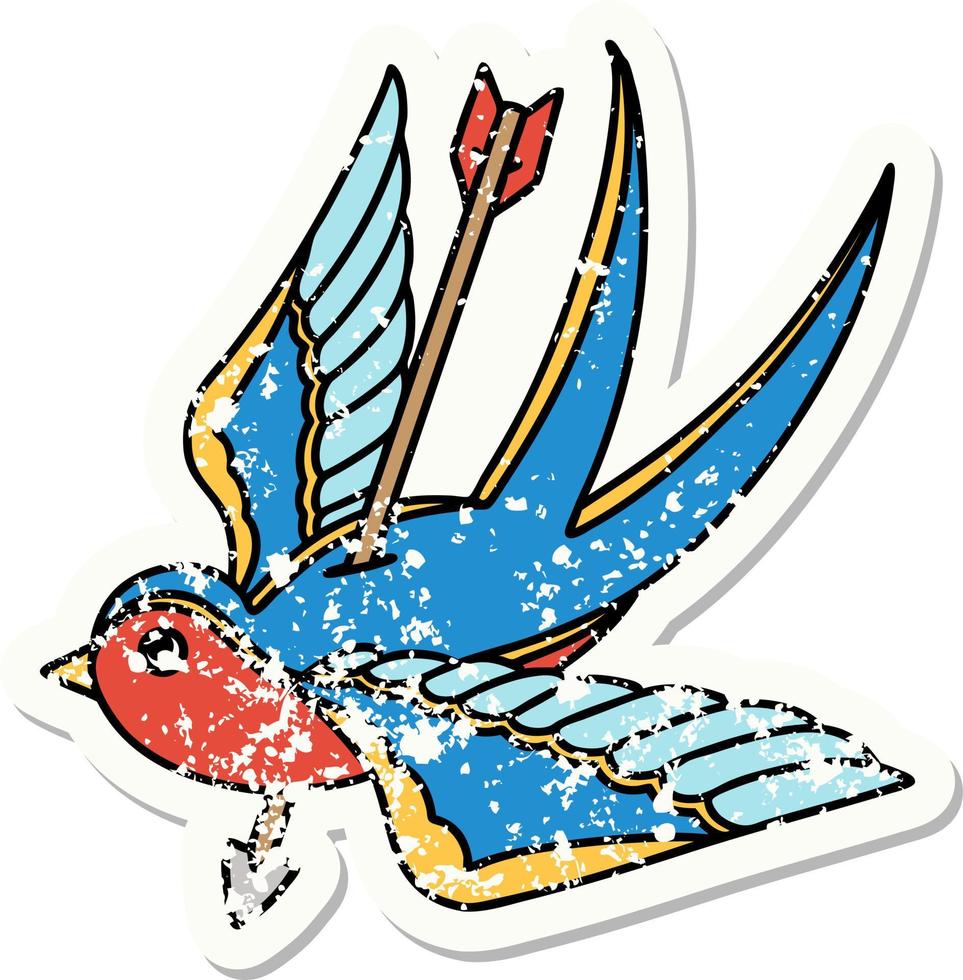 distressed sticker tattoo in traditional style of a swallow pierced by arrow vector