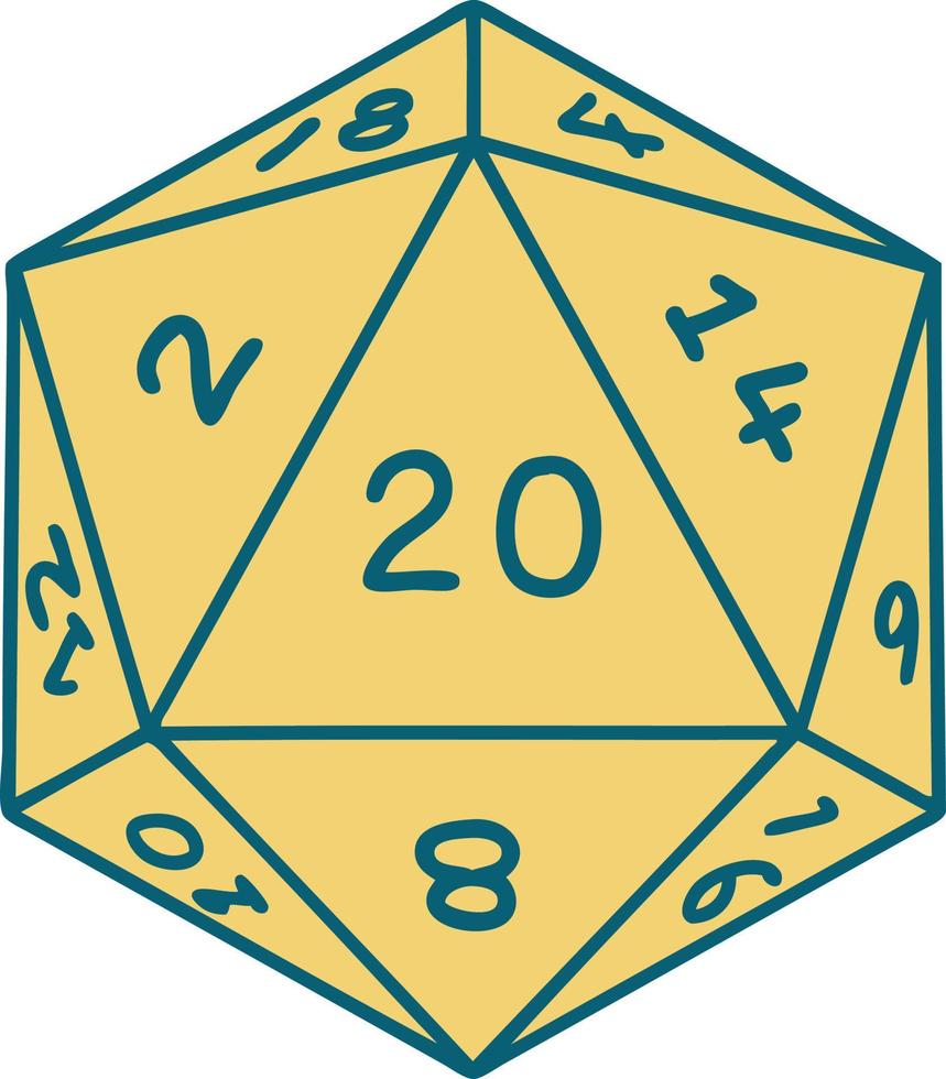 imagen icónica de estilo tatuaje de un dado d20 vector