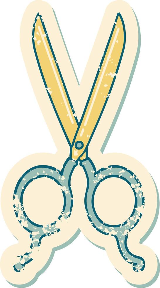 iconic distressed sticker tattoo style image of barber scissors vector