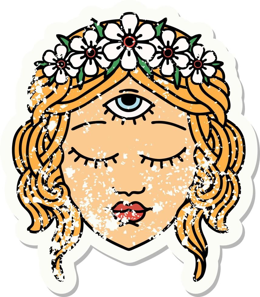 distressed sticker tattoo in traditional style of female face with third eye and crown of flowers vector