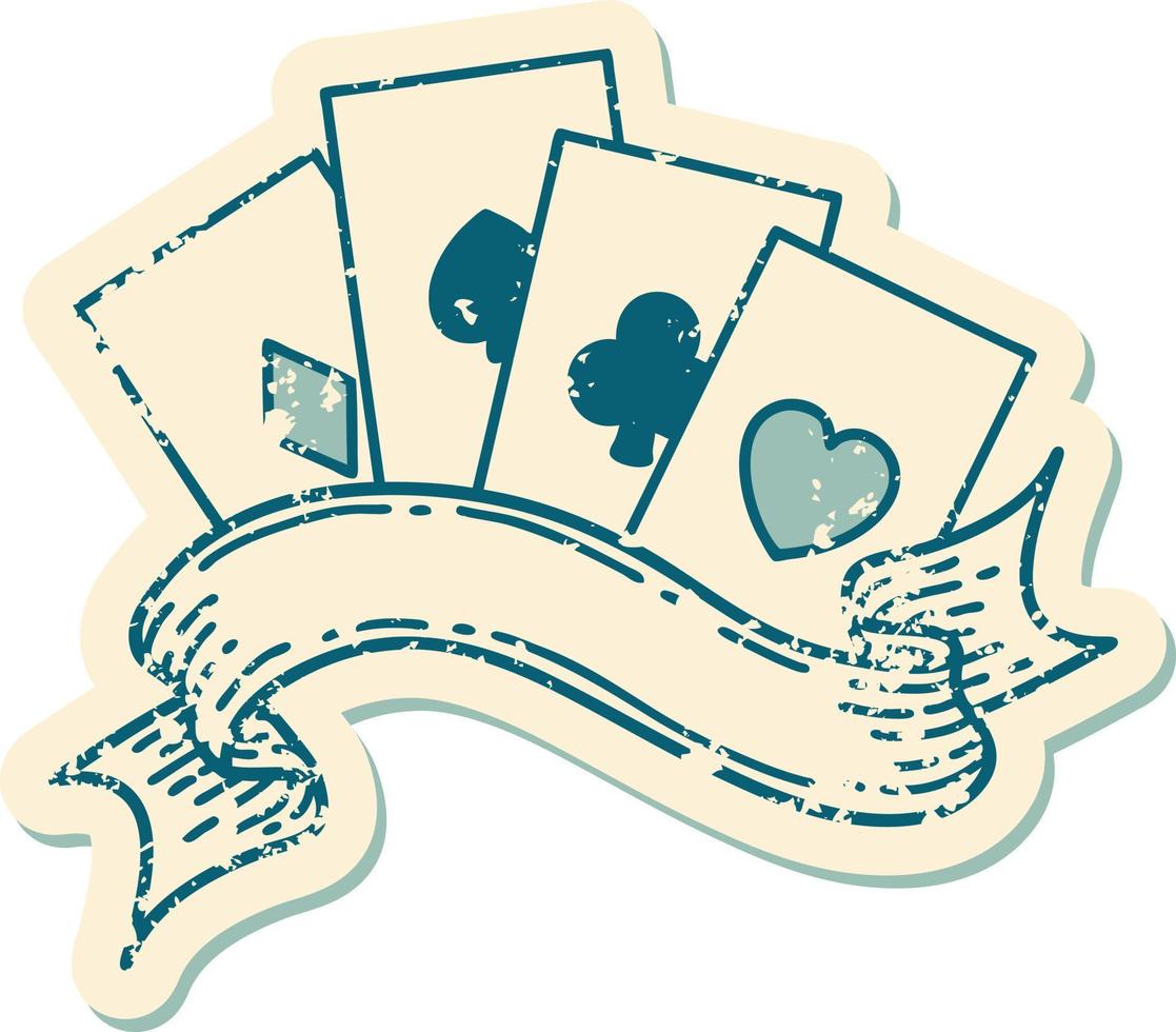 icónica imagen de estilo de tatuaje de etiqueta angustiada de tarjetas y pancarta vector