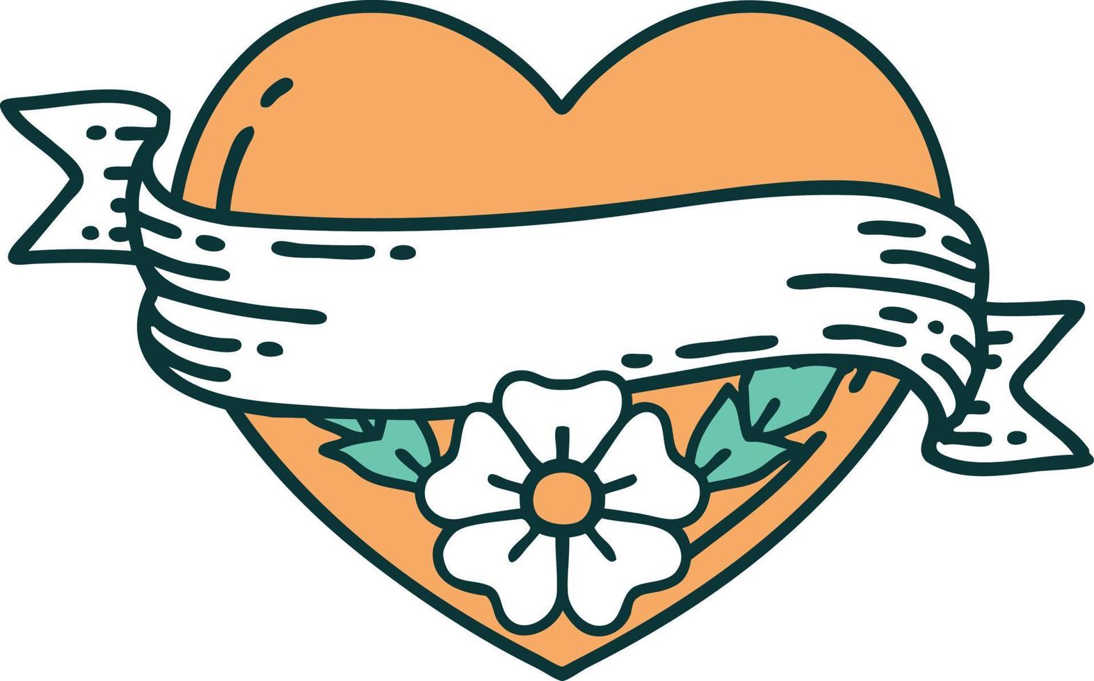 imagen icónica de estilo tatuaje de un corazón y una pancarta con flores vector