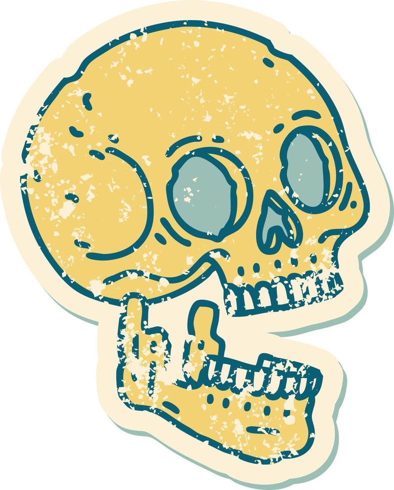 icónica pegatina angustiada estilo tatuaje imagen de una calavera vector