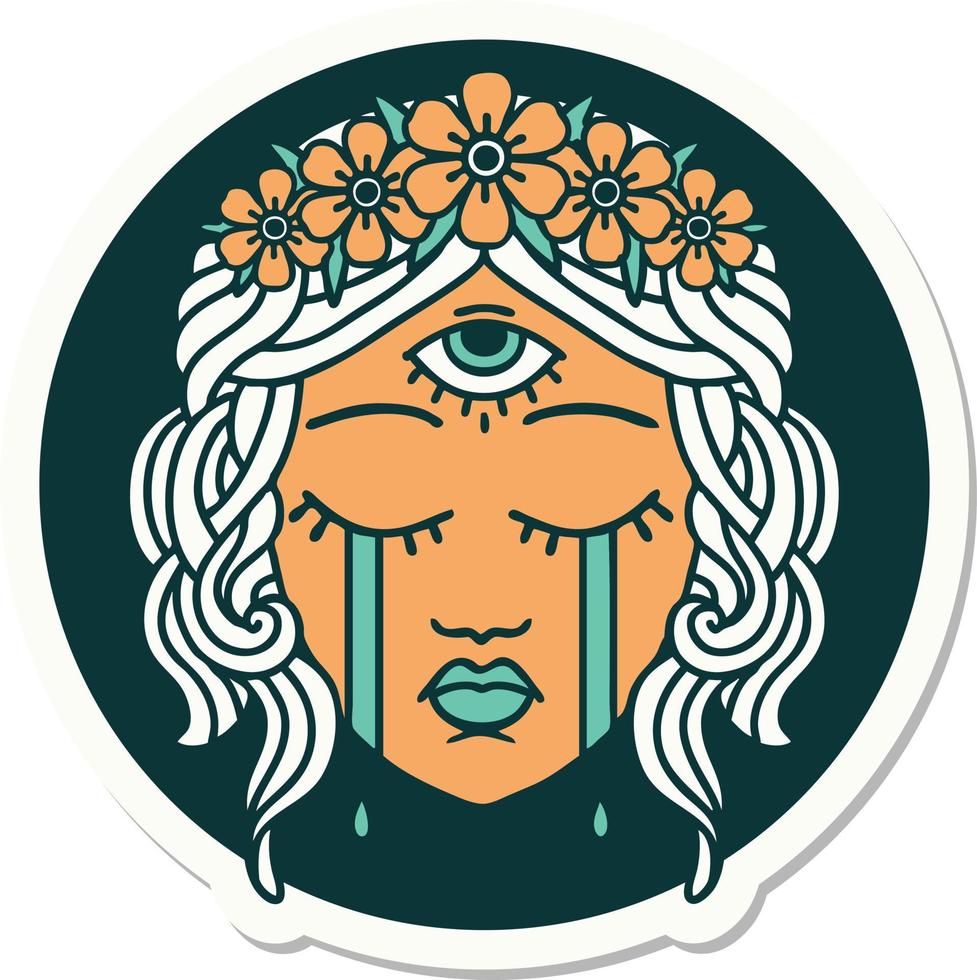 pegatina de tatuaje al estilo tradicional de rostro femenino con llanto místico del tercer ojo vector