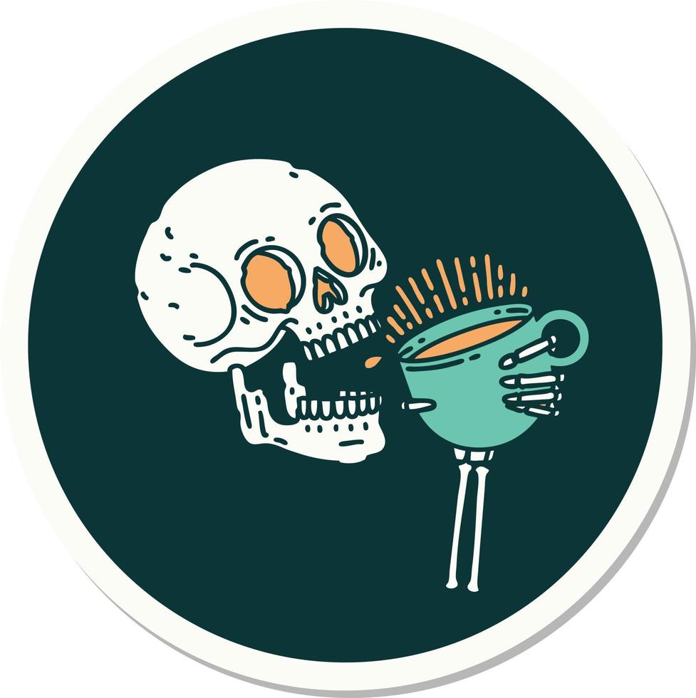 sticker of tattoo in traditional style of a skull drinking coffee vector