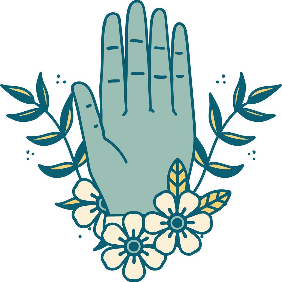 iconic tattoo style image of a hand and flower vector