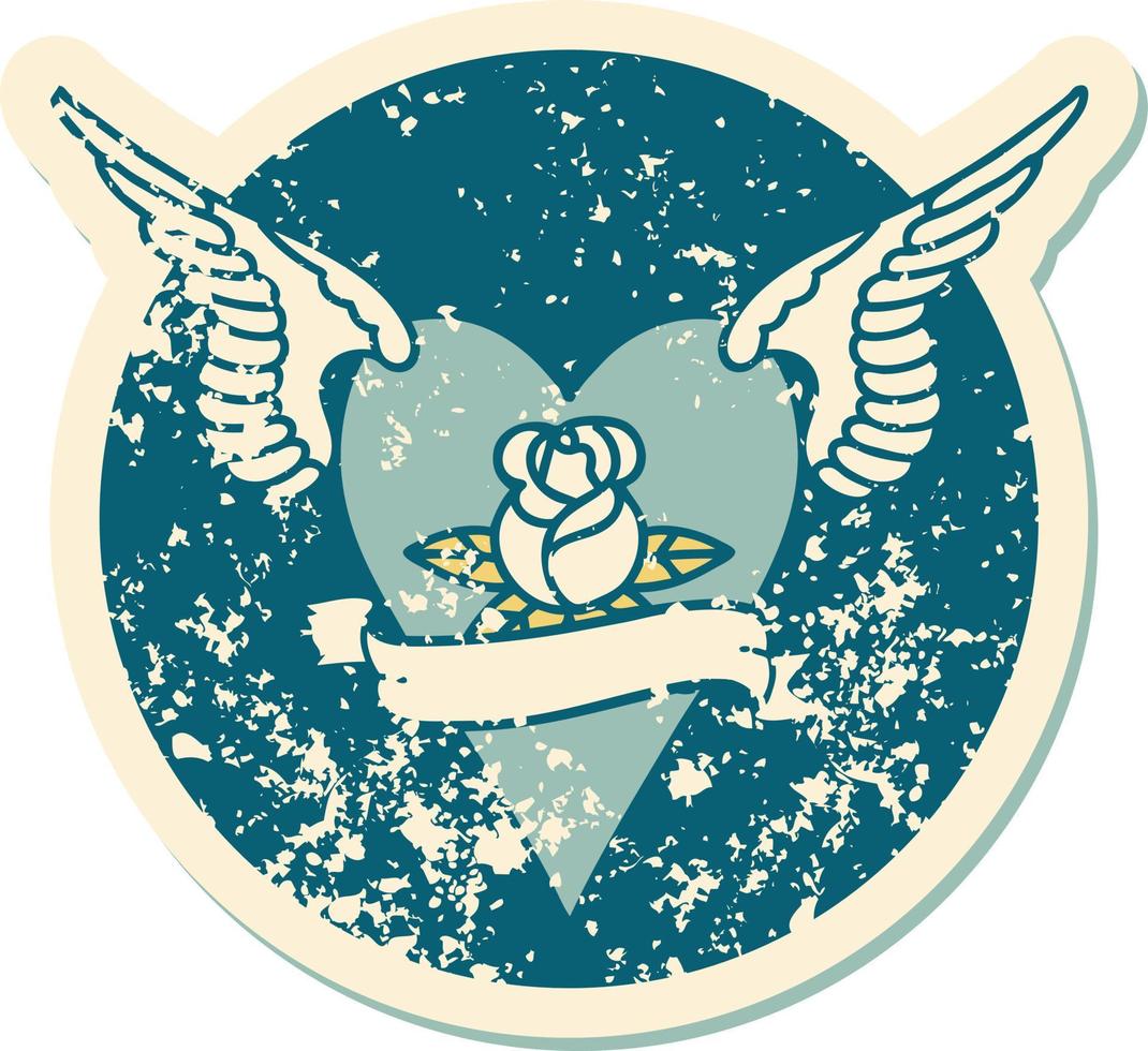 iconic distressed sticker tattoo style image of a flying heart with flowers and banner vector
