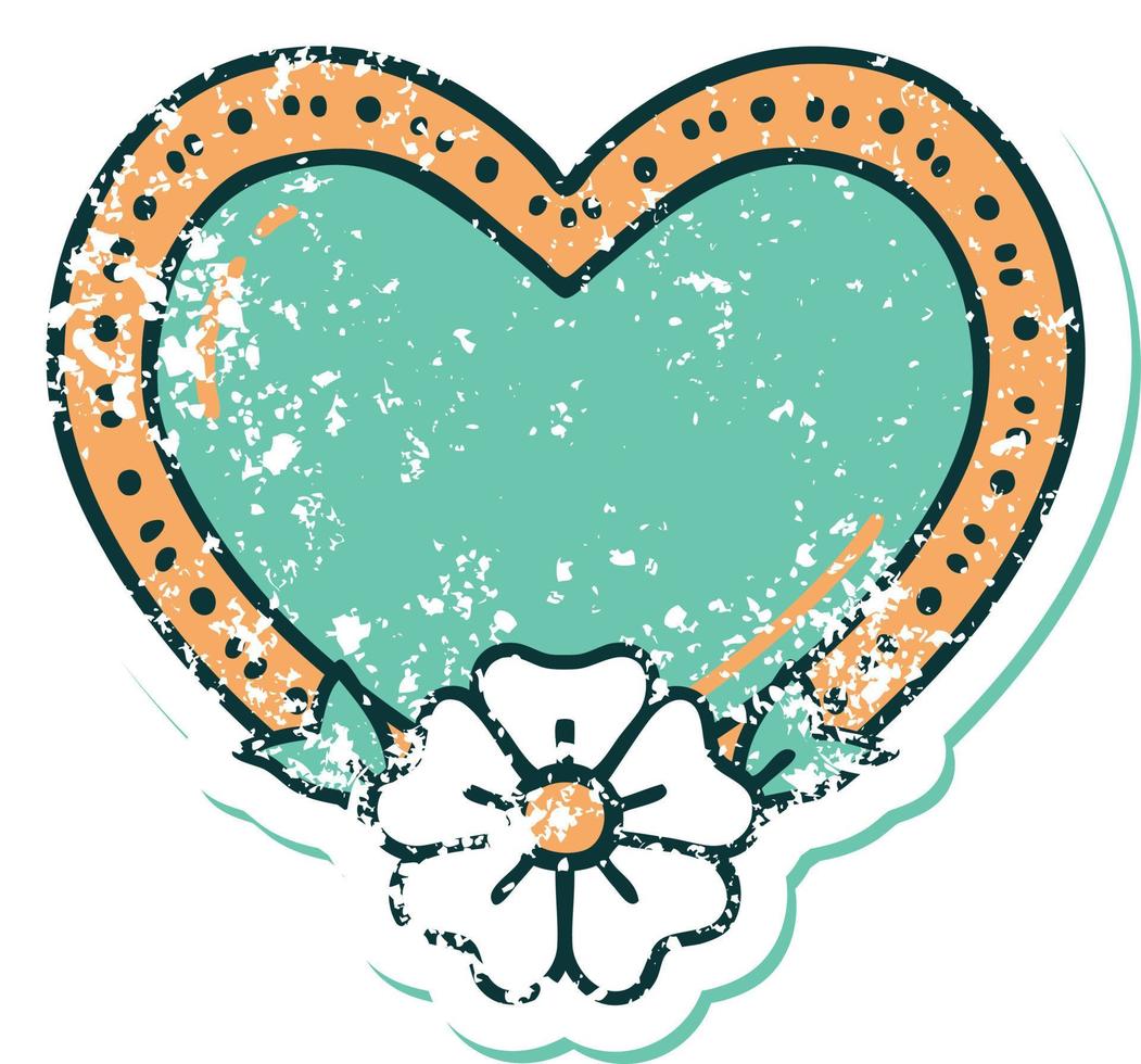 iconic distressed sticker tattoo style image of a heart and flower vector
