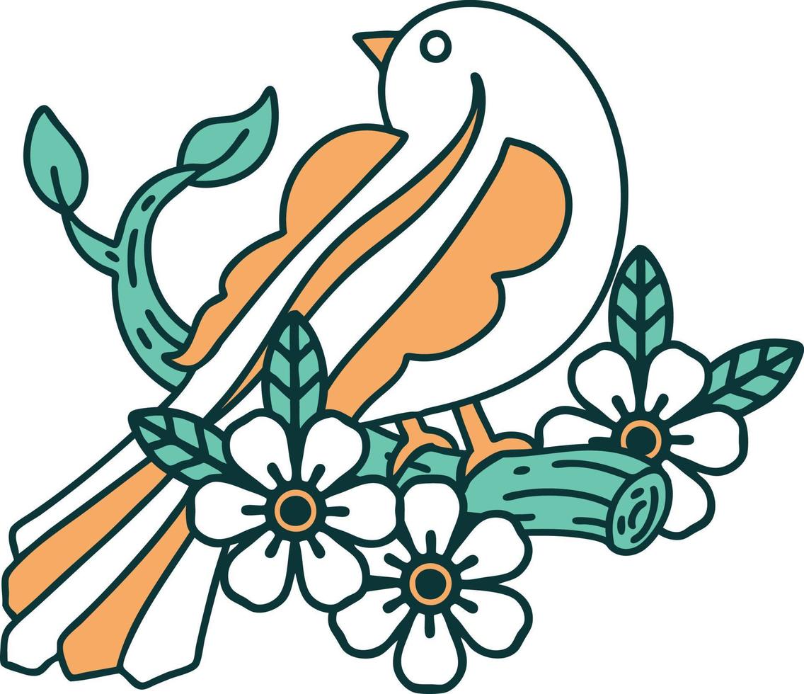 iconic tattoo style image of a bird on a branch vector