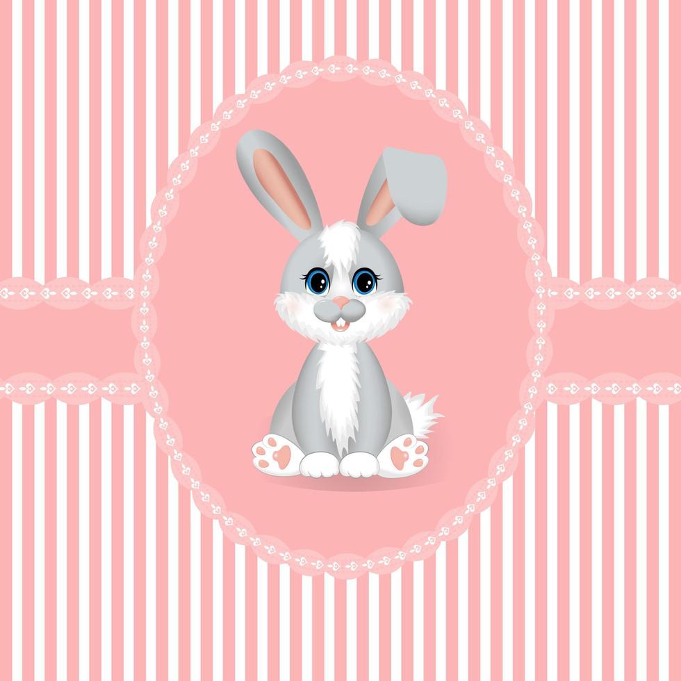 Greeting postcard with pink and white strips and little rabbit or hare. Design for girl party. vector