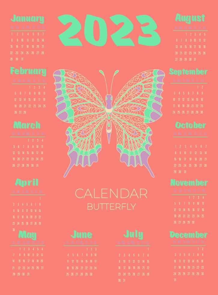 Calendar 2023 with butterfly in zentangle style. Week starts on Sunday. vector