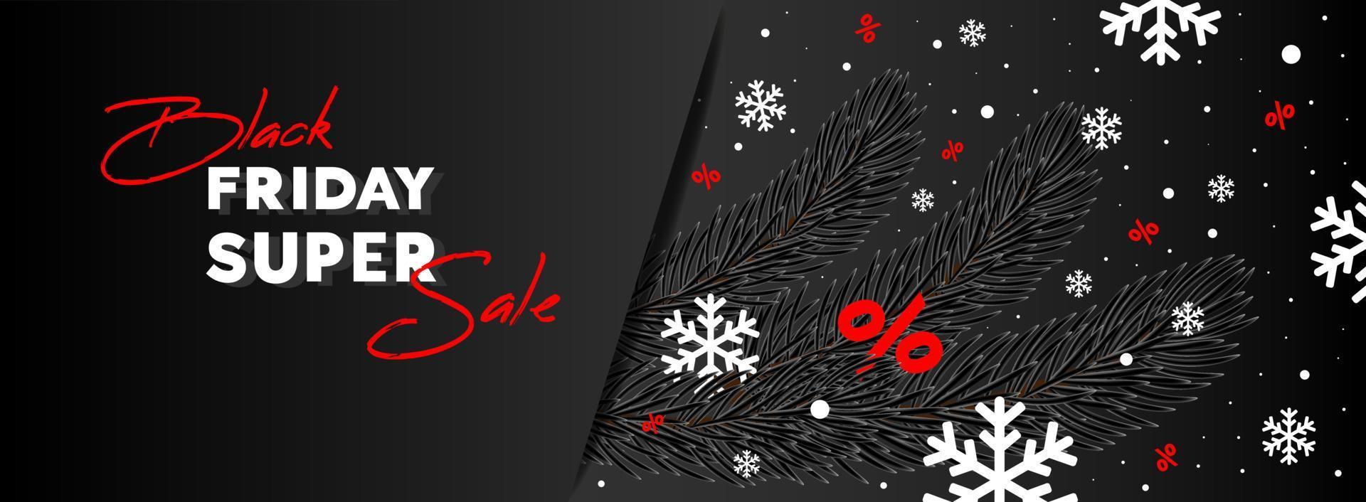 Black Friday. Sale banner, flyer. Text, cristmas tree branches and white snowflakes on black background. vector