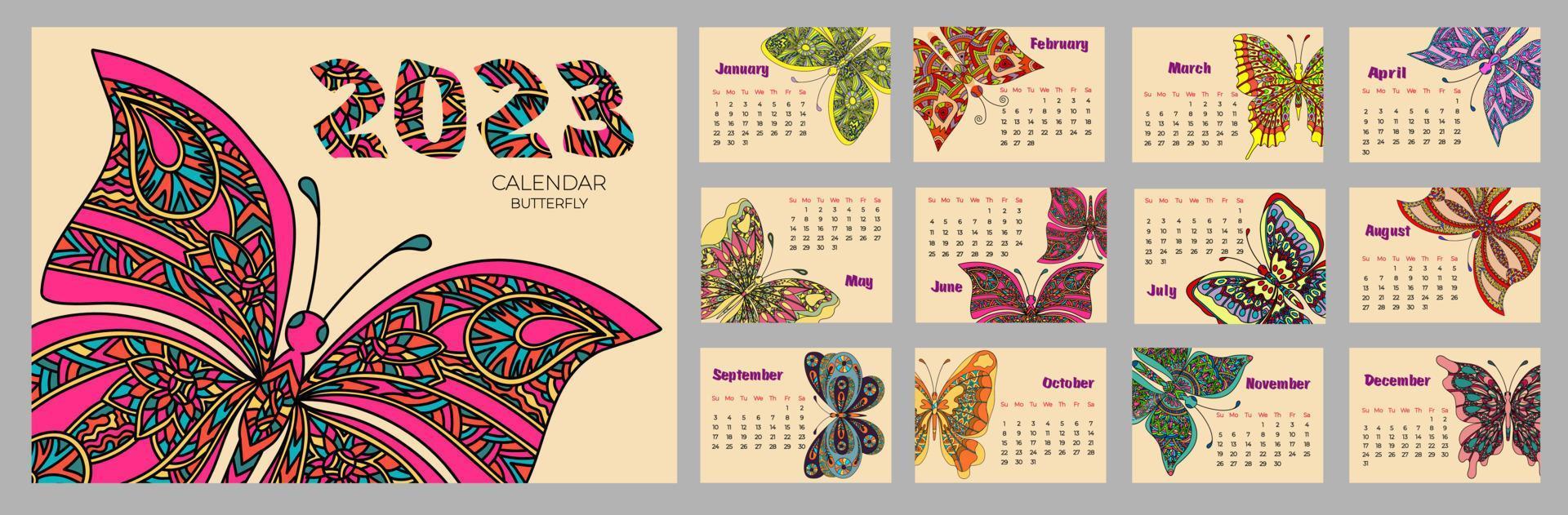 Calendar 2023 with butterfly in zentangle style. Week starts on Sunday. vector