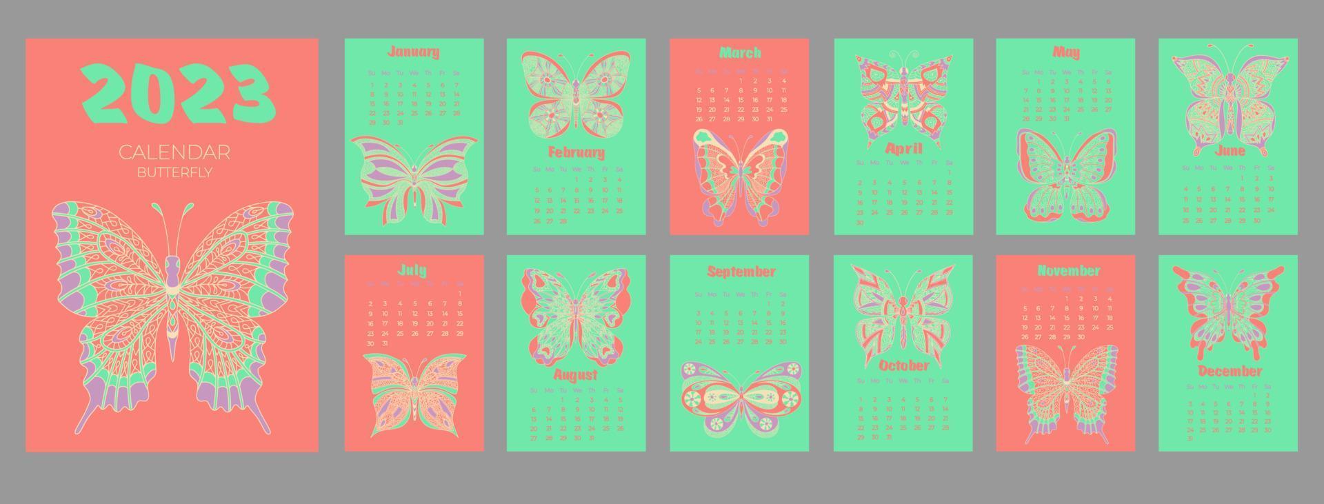 calendario 2023 con mariposa en estilo zentangle. semana comienza el domingo. vector