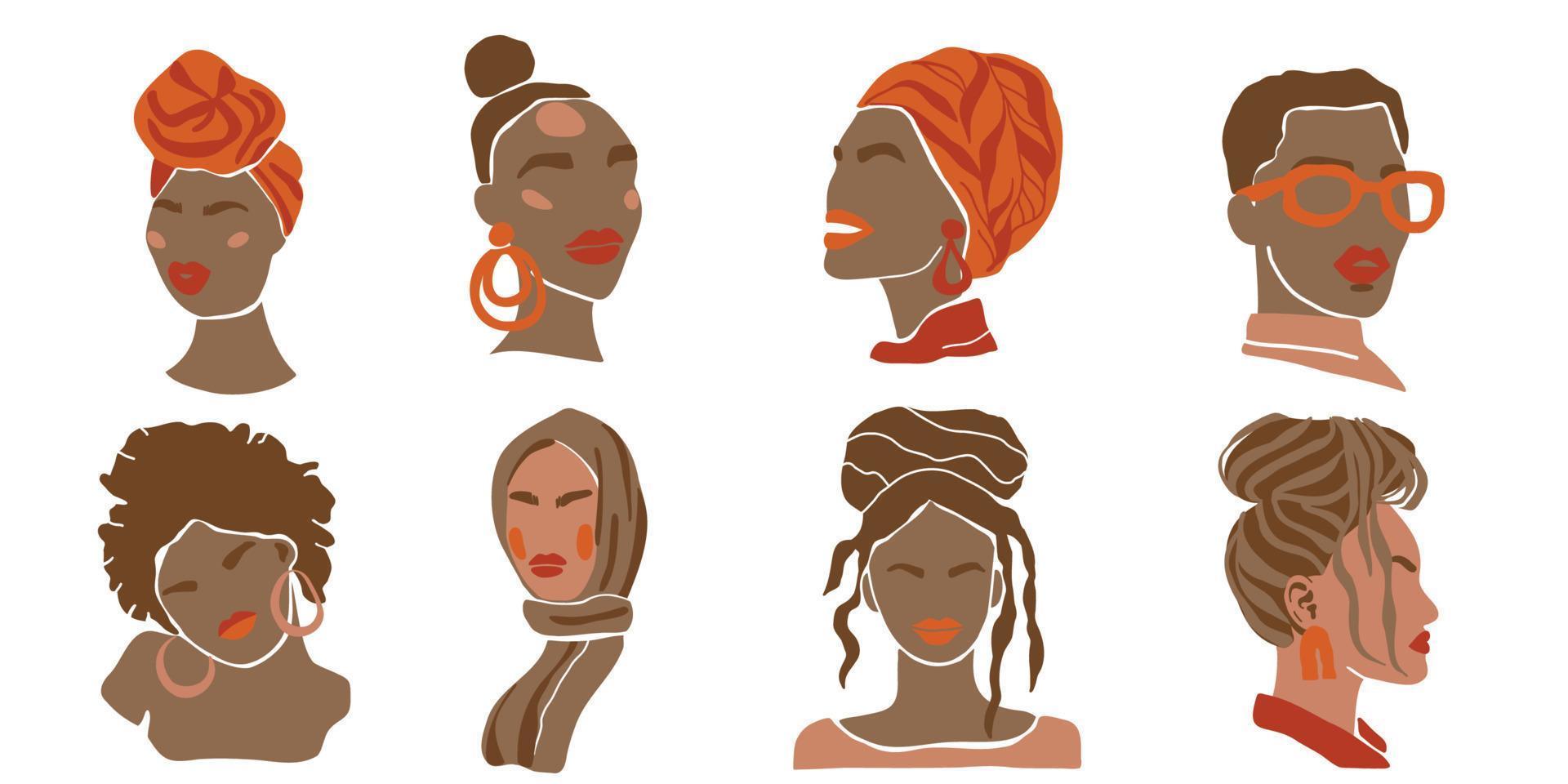 conjunto de retratos estéticos de mujeres negras. ilustración vectorial dibujada a mano en estilo minimalista abstracto vector