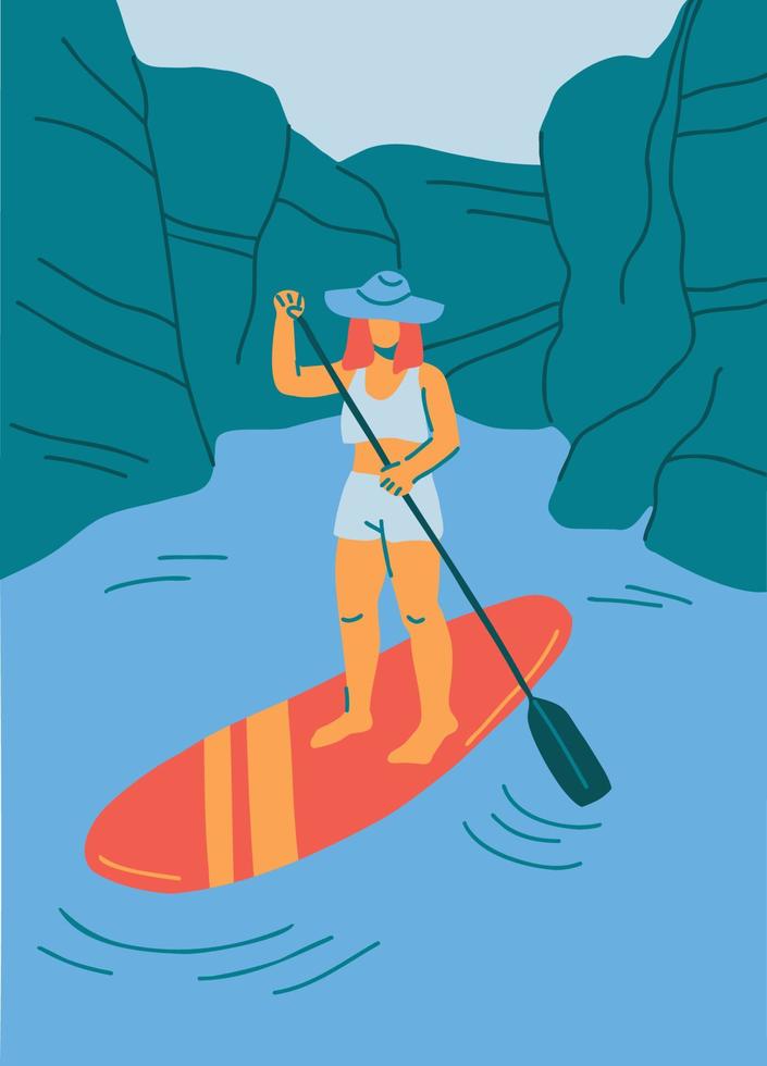 personaje femenino stand up paddle boarding. diversión de verano, actividad de ocio en el agua. ilustración vectorial dibujada a mano vector