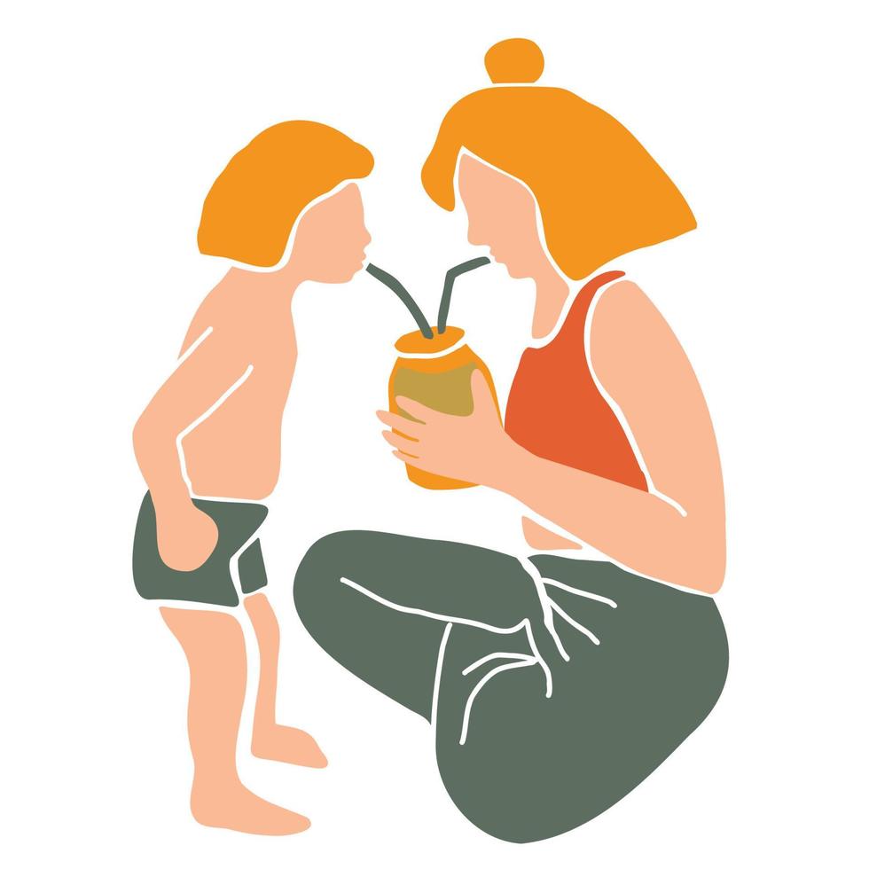 madre e hijo bebiendo con pajitas juntos. ilustración vectorial dibujada a mano en estilo minimalista abstracto vector