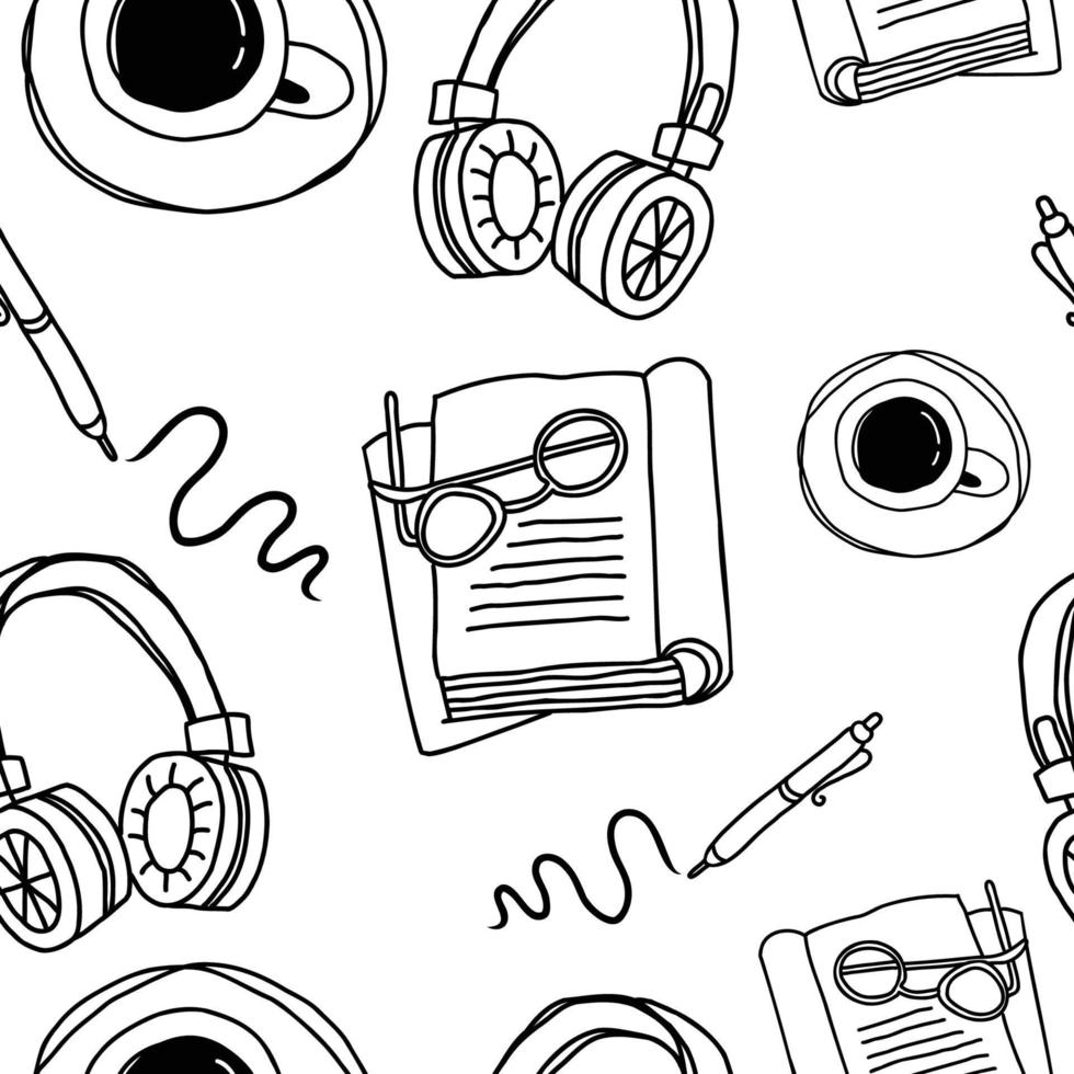 Reading or study seamless pattern. Background with books,  coffee cup, headphones. Line art vector illustration