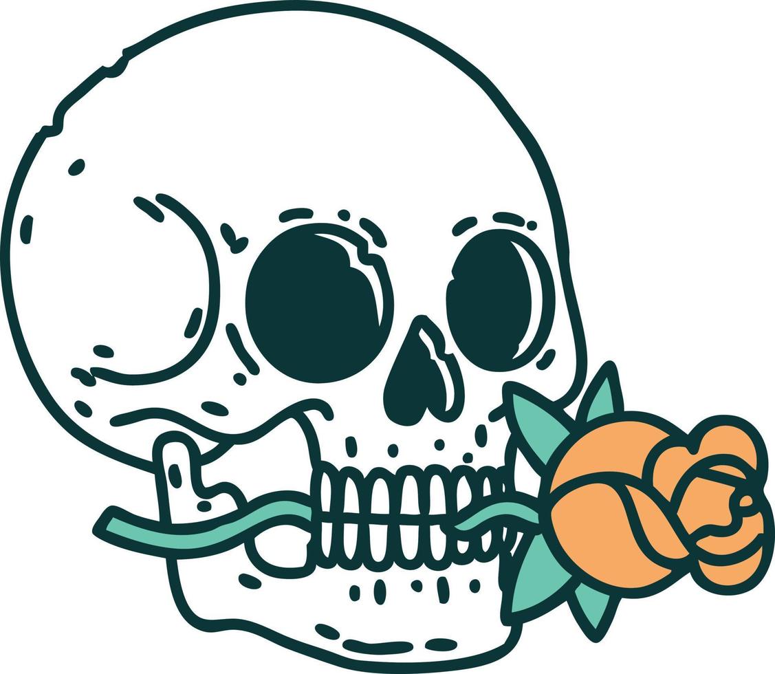 iconic tattoo style image of a skull and rose vector