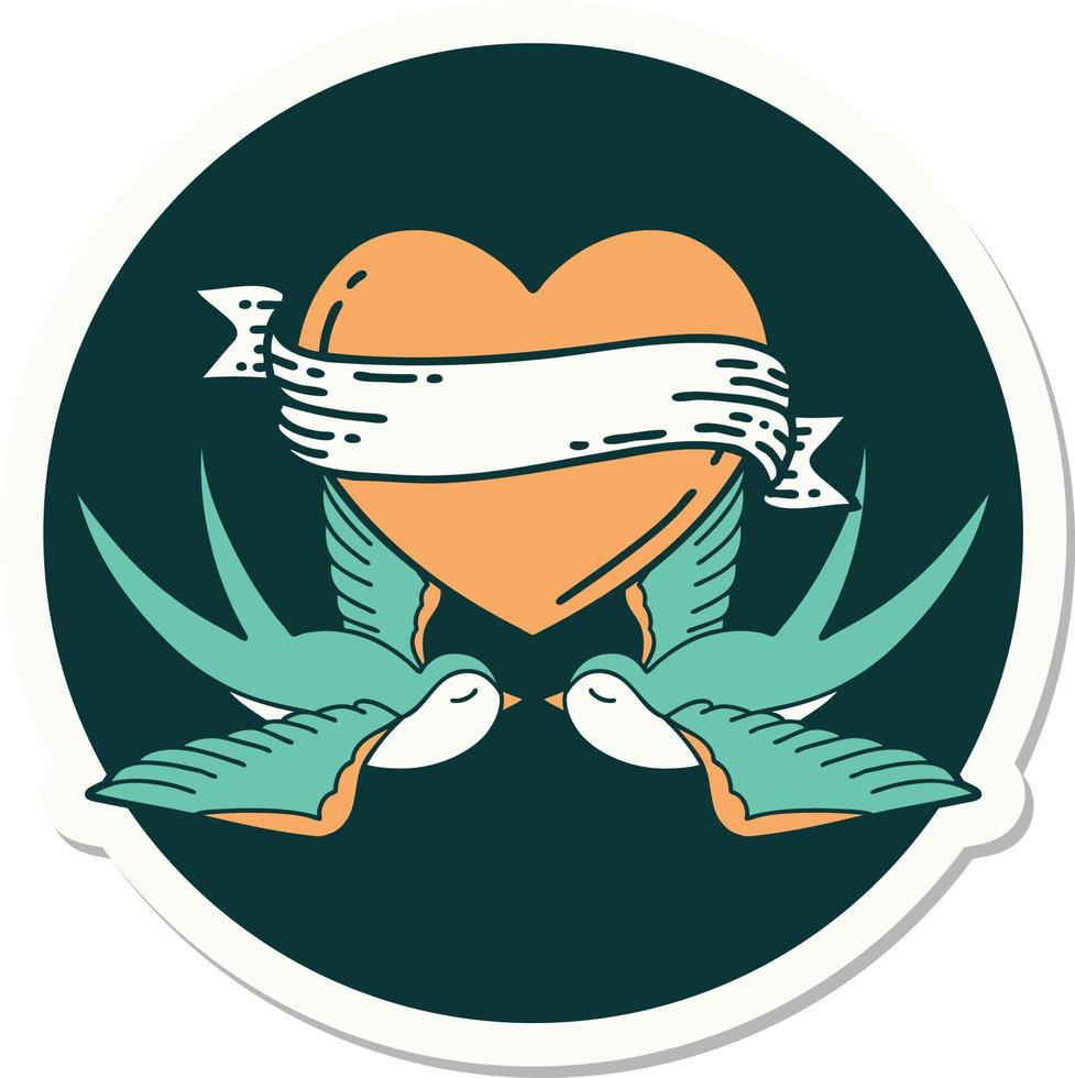 sticker of tattoo in traditional style of swallows and a heart with banner vector