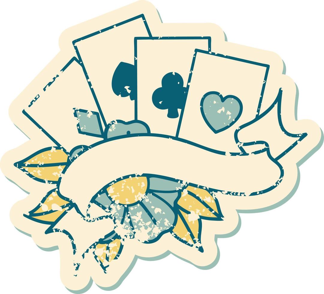 iconic distressed sticker tattoo style image of cards and banner vector