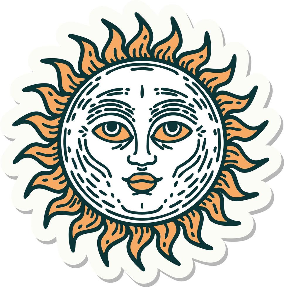 sticker of tattoo in traditional style of a sun with face vector