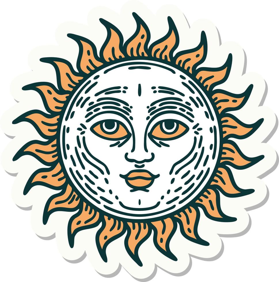 pegatina de tatuaje al estilo tradicional de un sol con cara vector