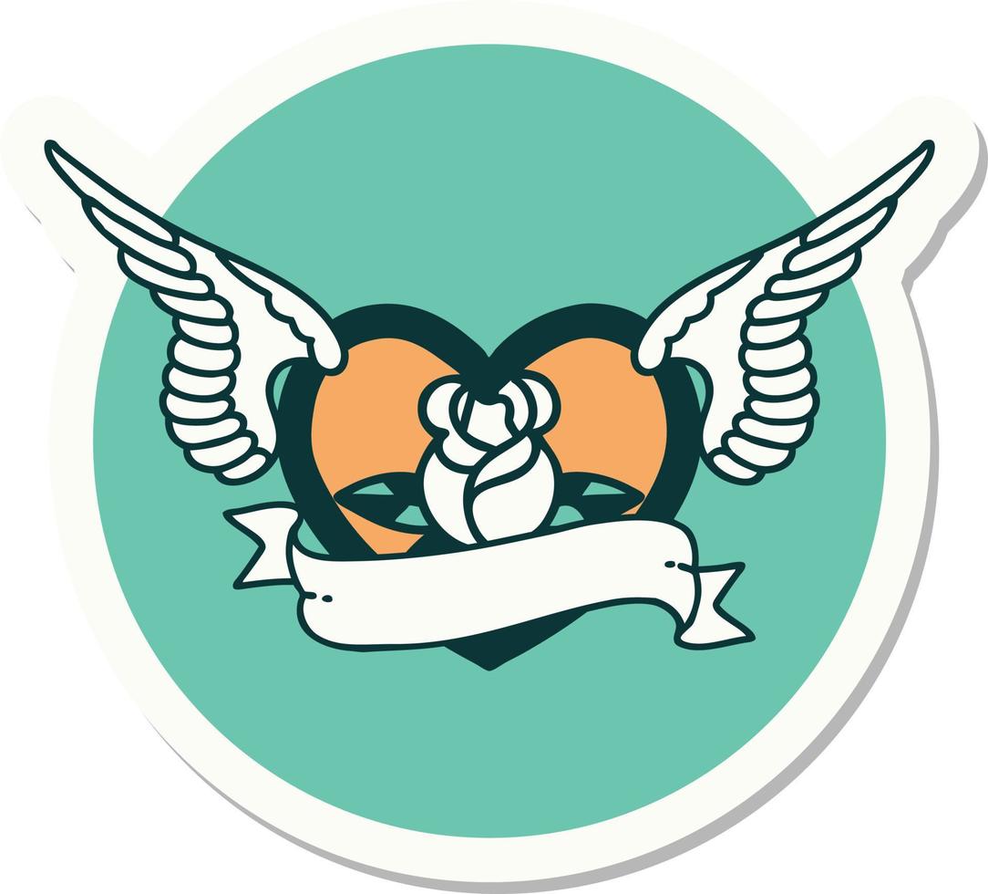 sticker of tattoo in traditional style of a flying heart with flowers and banner vector