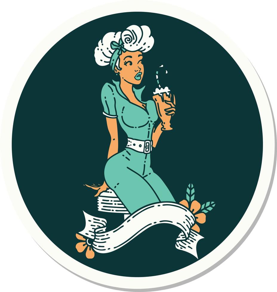 pegatina de tatuaje al estilo tradicional de una pinup bebiendo un batido con pancarta vector