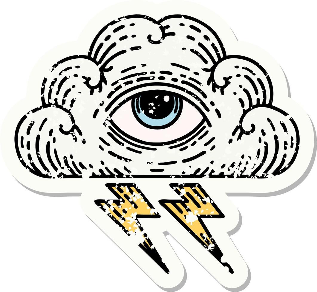 distressed sticker tattoo in traditional style of an all seeing eye cloud vector