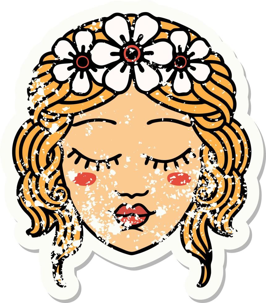 tatuaje de pegatina angustiado al estilo tradicional de cara femenina con los ojos cerrados vector