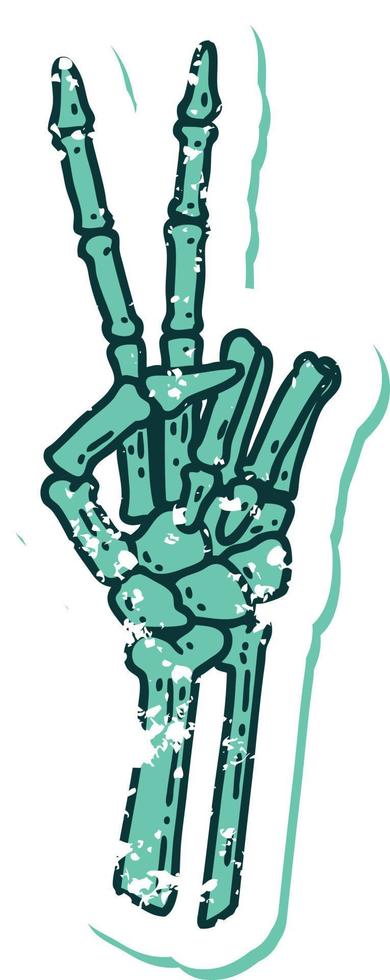 iconic distressed sticker tattoo style image of a skeleton giving a peace sign vector
