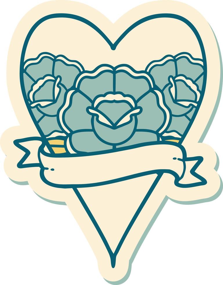 sticker of tattoo in traditional style of a heart and banner with flowers vector