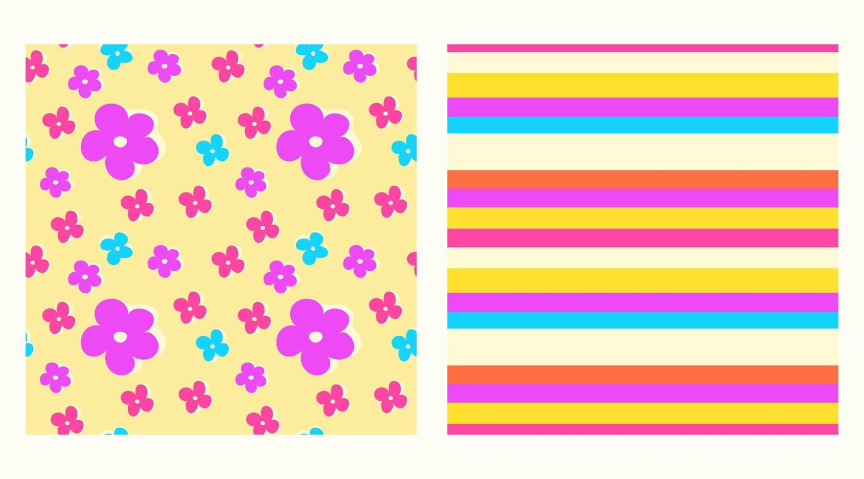 Set of Seamless patterns with flowers in y2k style. Seamless vector with colored purple and pink flowers and stripes in 00e style for printing on fabric or paper.