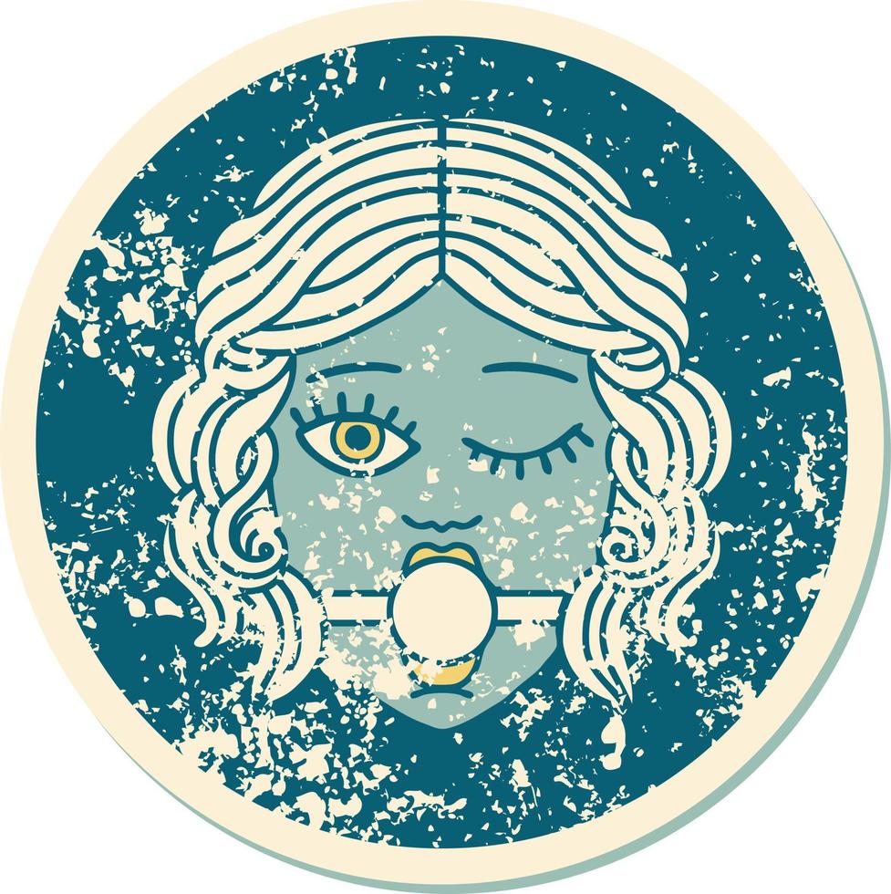 iconic distressed sticker tattoo style image of a winking female face wearing ball gag vector